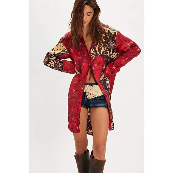 Free People 🍇 Off The Vine Button Down 🦋Ruby Butterfly Long Red Top XL NWT